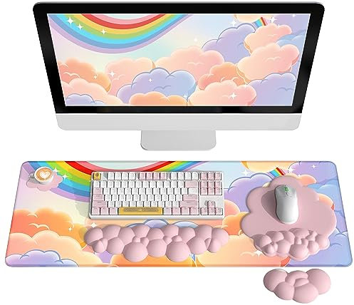 AJAZZ Cloud Tastatur Pad Handgelenkstützen Set (5-Teiliges Set),Großes Mauspad & Tastatur Maus Handgelenkauflage & Untersetzer,Ergonomisch,Schmerzlindernd,Rutschfeste Unterseite,für Home/Büro/PC/Mac
