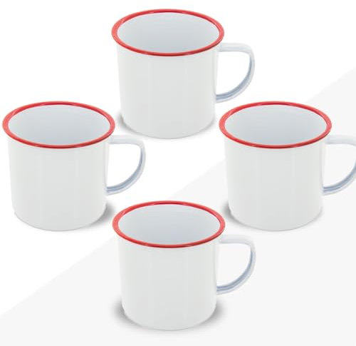 FUN FAN LINE - Set di tazze smaltate 350ml caffè/tè/calde/fredde, Mug vintage da campeggio, picnic o viaggio, Design retrò colori pieni, Leggero, portatile e resistente (Bianco con rosso, 4 tazze)