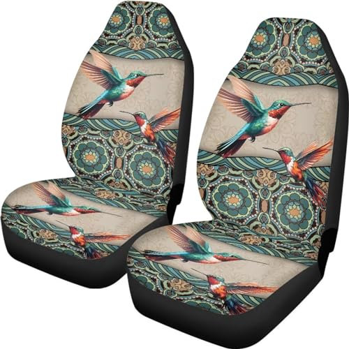 Xoenoiee Böhmische Mandala Kolibri Muster Autositzbezüge Vordere Set Autositze mit Gummiband Universal Fit Automotive Sitzbezüge Waschbar Autositzbezug für SUV Limousine Van