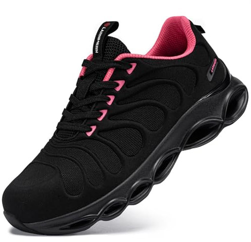 LARNMERN Scarpe Antinfortunistiche Uomo Leggere Scarpe Antinfortunistica Comodo Moda con Punta in Acciaio Traspiranti Scarpe da Lavoro Ammortizzazione(Rosa Nera Rossa,41 EU)
