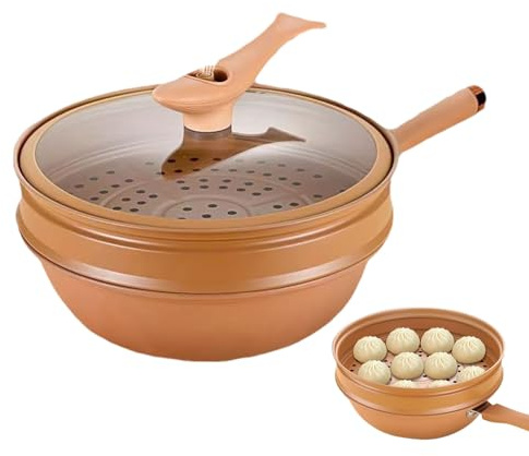 Fenytay 12.6in Iron Wok with Lid, Pottery Clay Micrr-o Pressure Pot, Wok with Steamer Basket, Clay Pots for Cooking, Non Stick Clay Wok, Wok with Lid Non Stick, Pressure Non Stick Pan Flat Bottom Wok