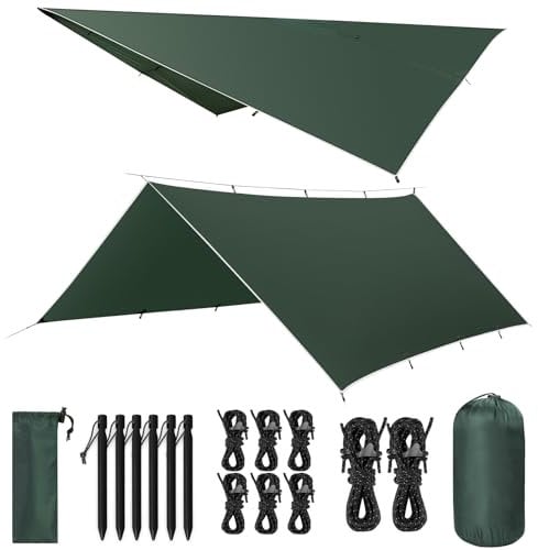 VOSOIR Bâche Anti-Pluie, 3x4M Camping Bâche Rain Tarp, Toile de Tente Imperméable Anti-UV, Léger Portable, avec 15 Oeillets +Clou en Aluminium+Corde à Vent, Randonnée, Hamac, Extérieur(Vert Foncé)