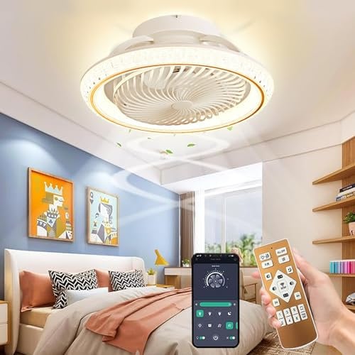 Qiaomao Plafonnier Ventilateur Silencieux Or 49cm avec Télécommande/APP, 360° Rotation Reversible Dimmable Timer Ventilateur de Plafond avec Lumiere, Luminaire Ventilateur Plafonnier 6 Vitesses 72w