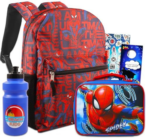 Spider-Man Mochila y lonchera de Marvel para niños, paquete con mochila de Los Vengadores de 16 pulgadas y lonchera más botella de agua, calcomanías, más | Mochila escolar Spiderman para niños,