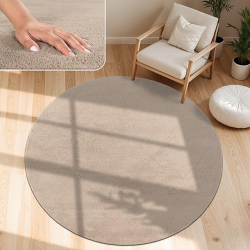 Paco Home Moderner Kuscheliger Wohnzimmer Teppich Kurzflor waschbar flauschig Weich Einfarbig Felloptik zeitlos stilvoll rutschfest pflegeleicht, Grösse:200 cm Rund, Farbe:Taupe
