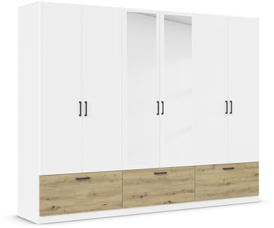 Rauch Möbel Bari, Drehtürenschrank, 6-türig, Kleiderschrank Weiß/Eiche Artisan, 3 Schubladen, mit Spiegel, 271x210x54cm