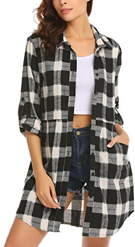 Hotouch Chemise à Carreaux Femme Chemise Manches Longues Classique Chemise Décontractée Col en V Chemises Chic Élégant Boutonnées Blouses Tunique Blouses Bucheron Schwarz XXL