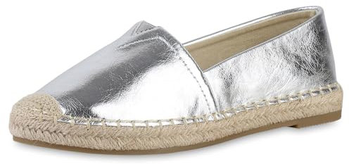 VAN HILL Damen Espadrilles Flach Metallic Trendy Schuhe 215174 Silber 37