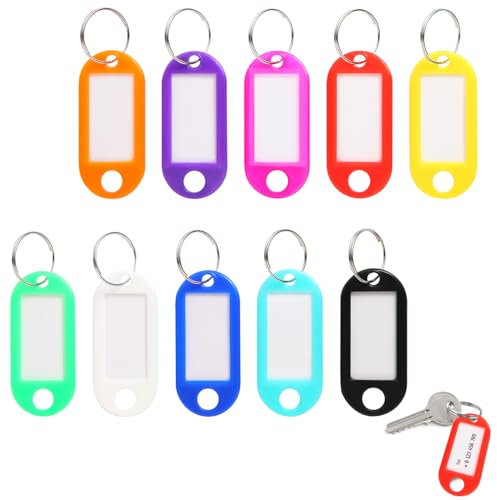 Gyxcelc 100 Porte Clef Etiquette en Plastique 10 Couleurs étiquette Inscriptibles pour clés de maison étiquettes à bagages, de Nom D'animal de Compagnie Étiquettes