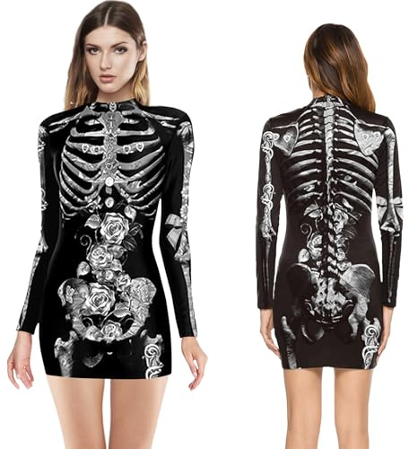 Hendpock Costume de squelette d'Halloween pour femme, costume d'Halloween pour femme, squelette effrayant, robe d'Halloween pour femme, costume de carnaval, décoration de fête