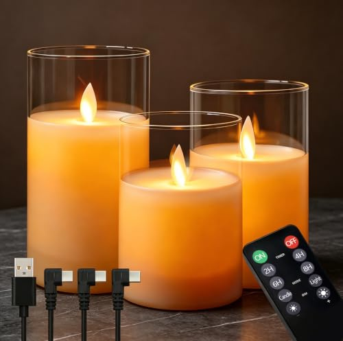 NICE POINT Bougies LED Rechargeables Flamme Vacillante Sans Fil, Télécommande Minuterie 2/4/6/8h, 5 Luminosités, Lot de 3 Bougies en Verre Transparent Blanc, Décoration Noël Sapin Table