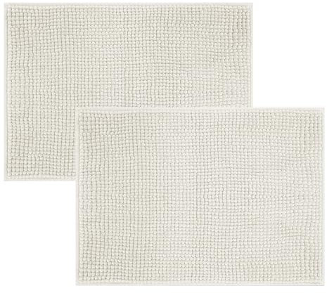 Moonlight Bedding White Bath Mat Non Slip Anti Mould – 2 Pack Chenille Bathroom Mat 40x60cm Machine Washable Shower Mat