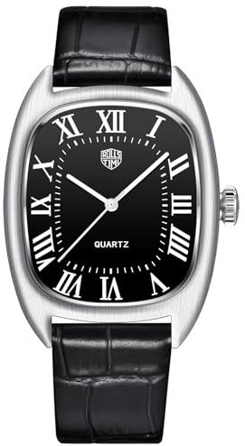 DAOLVEN Rollstimi 7904 Herren Tonneau Retro Uhren Edelstahl Rechteckiges Gehäuse Echtes Lederband 50M Wasserdicht Retro Casual Square Quarz Armbanduhr Römische Ziffern, Schwarz , Klassisch