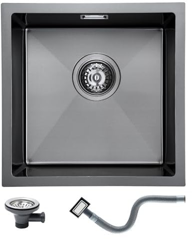 KEOKBON Fregadero de cocina de acero inoxidable, negro, 40 x 40 cm, rectangular, con cesta colador y conjunto de rebosadero, fregadero empotrable pequeño a partir de armario bajo de 40 cm, color negro