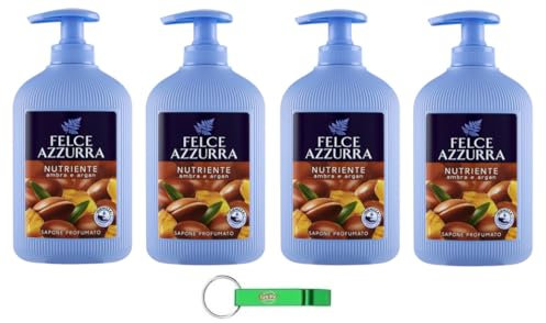 4 saponi Felce Azzurra Sapone Liquido Ambra e Argan – Sapone liquido nutriente con ambra e argan – Ideale per mani e viso 300 ml + portachiavi Beni Culinari