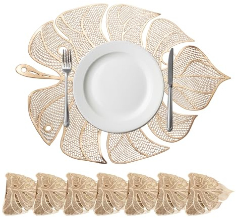 sourcing map Gold Palm Leaf Shaped Placemats Set of 8 for Dinner Tables, Metallic Polyvinyl Pressed Placemats Washable Table Mats for Dinner Table Decor (35 x 45cm/13.8 x 17.7inch)
