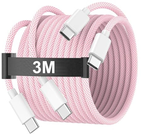 3M USB C to USB C Charging Cable for iPhone 16 15, 60W Long Type C to C Charger Cable Cord for iPhone 16/ 16 Plus/16 Pro/16 Pro Max/15/15 Plus/15 Pro/15 Pro Max, iPad Pro/Air/Mini, MacBook, Pink