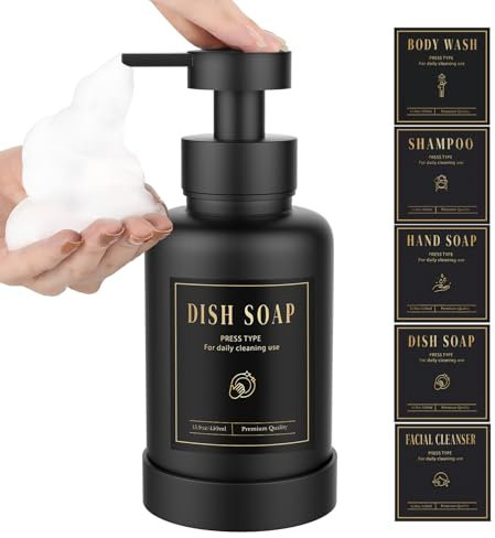 Luxspire Schaumseifenspender, Glasschaum-Pumpseifenspender, rutschfester Handseifenspender mit 5 wasserfesten Etiketten, 450ml/15oz nachfüllbarer Flüssigseifenspender für Bad & Küche, Schwarz, 1 Stück