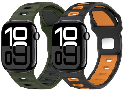 MoKo 2Pack Correa de Reloj Compatible con Apple Watch Ultra 3/2/1 49mm,S11/S10 46mm,9/8/7 45mm,SE3/SE2/SE/6/5/4 44mm,3/2/1 42mm, Correa de Silicona Engrosada Deportiva de Repuesto,NegroNar+CoVMilNeg