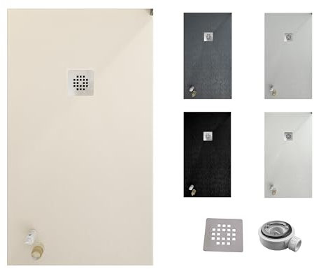 VAROBATH | Plato de Ducha ONE – Material Resina con Carga Mineral y Textura Pizarra Antideslizante C3 – Incluye Válvula Desagüe y Rejilla (BLANCO ROTO RAL9001, 80X170)