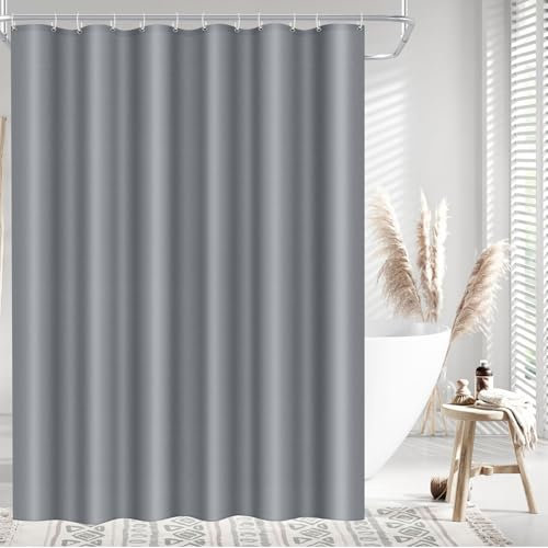 LUKDUNG 120 x 200 cortina de baño de poliéster textil, cortina de ducha antimoho para baño, cortina de ducha de tela impermeable lavable, cortina de ducha con 8 ganchos, gris claro