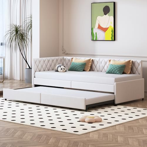 PerGar Schlafcouch Ausziehbar 90 x 200 cm mit Rollen, Einzelbett Kinderbett Schlafsofa mit Schlaffunktion, Ausziehbett Schlafsofa Jugendliche Gästebett mit Lattenrost, Samt, Beige