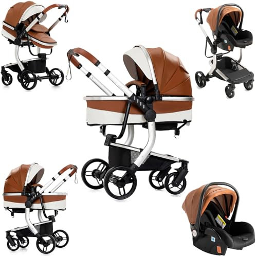 Veitoalioy PU-Leder Kinderwagen 3 in 1, Bequemer Multifunktionaler Kombikinderwagen 3 in 1 Komplettset, Aluminium Hohe Landschaft Babywagen, Faltbarer Kinderwagen Set (518 Khaki)