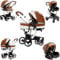 Veitoalioy PU-Leder Kinderwagen 3 in 1, Bequemer Multifunktionaler Kombikinderwagen 3 in 1 Komplettset, Aluminium Hohe Landschaft Babywagen, Faltbarer Kinderwagen Set (518 Khaki)