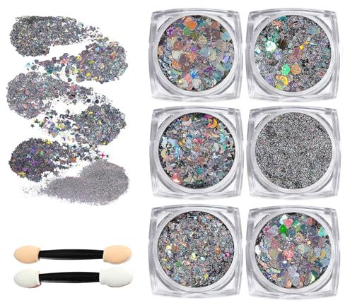 Guyode 6 Pièces Paillettes Cheveux, Bombe Paillette Cheveux et Corps, Gel Paillettes Visage, Lumineuse Paillettes Gel, Brillant Corps Féminin Glitter Gel, Glitter Visage Cheveux Ongles (Gris)