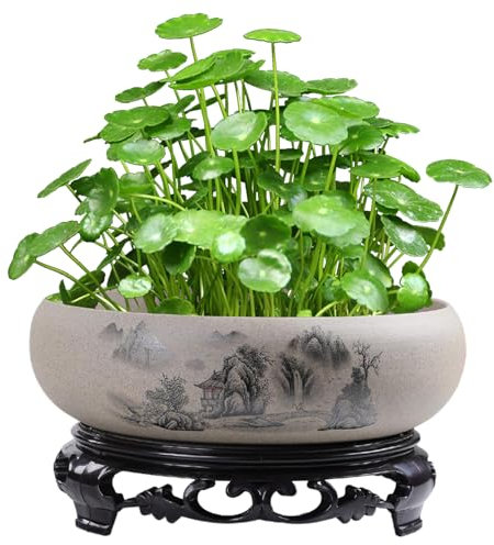 Rachlicy Lotus Bowl Planter for Lotus Flower Seeds Landscape Pattern Ceramic Bonsai Pot 7x3in Round Shallow Hydroponic Planter with Base for Water Lily