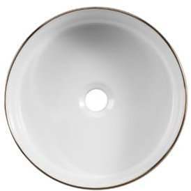 Dileci – Lavabo redondo blanco con ribete dorado – Lavabo elegante de cerámica – Diseño para baño moderno o industrial – Ideal para encimera o mueble colgante
