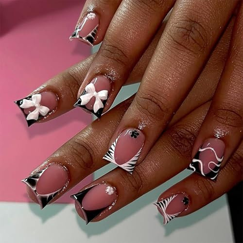 GlamRays 24 Piece French Press on Nails Short Square Spring Glitter False Nails Press ons Acrylic Nail Art Tips Set with Cute Little Flower Bow Design Full Cover Shine