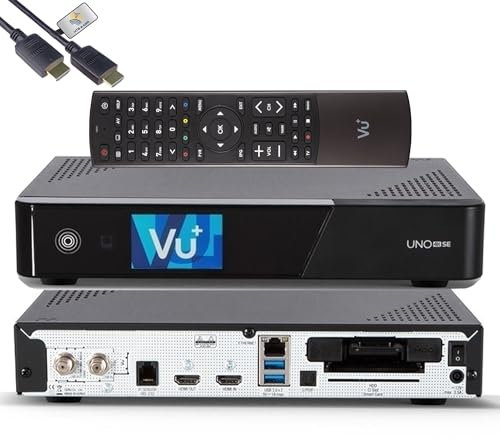 VU+ UNO 4K SE E2 Linux Sat Receiver (DVB-S2 FBC Twin Tuner, 4K HDR, HDMI 2.0, USB 3.0, CI + Kartenleser, 2,4 LCD Display, HTS e-com HDMI, TV-Box mit PVR Funktion)