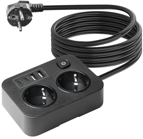 Mehrfachsteckdose mit USB-C(30W) Schnellladung, 6-in-1 steckdosenleiste mit 2 USB C und 2 USB A, 2500W Mehrfachstecker mit Reset-Sicherung, 1.8m Kabel Kompakt Tragbar für Zuhause, Büro und Reise