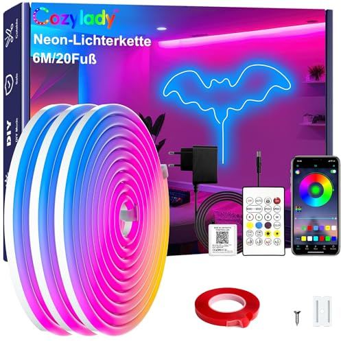 Cozylady 6M(1 Rollen 6M) RGB Neon LED Strip, Flexible Streifen Mit starkem Doppelklebeband ausstatten,24V LED Leuchtseile mit App/Fernbedienung anwendbar auf Schlafzimmer,Raum & Außendekoration