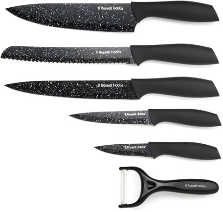 Russell Hobbs 6-Piece Knife & Peeler Set – Chef’s/Bread/Carving/Utility/Paring Knives, Marble-Effect Non-Stick Coated Blades, Soft-Touch Ergonomic Handles, Hand Wash, Black