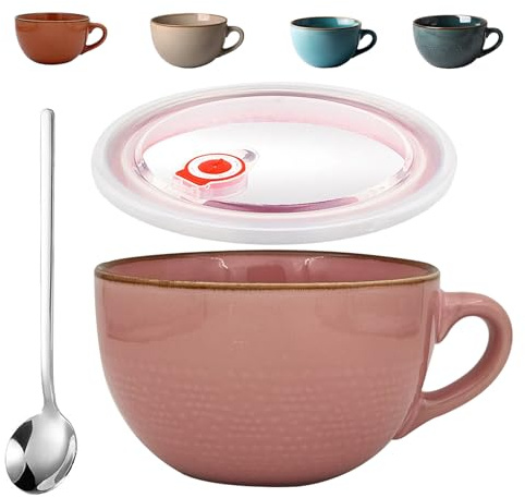 Groß Tasse Keramik, 700ml Groß Müslischalen mit Henkel, Salat Schale, Große Teetasse, Porzellan Kaffee Tasse, Porzellan Suppenschüssel, Mit Deckel und Löffel, für Desserts (Rosa)
