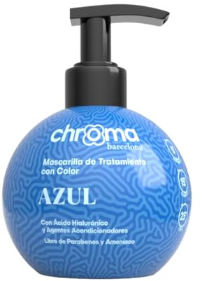 Chroma Barcelona - Mascarilla de Tratamiento con Color Semi Permanente, enriquecidas con Ácido Hialurónico, 250 ml - 23 colores. (Azul) NO CUBRE CANAS/VER TABLA DE COLORES ANTES DE COMPRAR