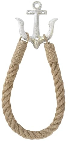 Notakia Gancio Parete ad Ancora Nautica in Ghisa, Bianco con Corda, 1 Pezzo | Porta carta igienica decorativo per bagno e casa al mare, utilizzabile anche per asciugamani, accappatoi e accessori