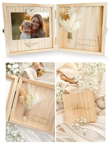 Joli Coon Coffret en bois pour demande marraine, Veux-tu être ma marraine | Vraies fleurs séchées, emplacement photo avec aimant en cœur, gravure intérieure, fermoir métallique, prêt à offrir