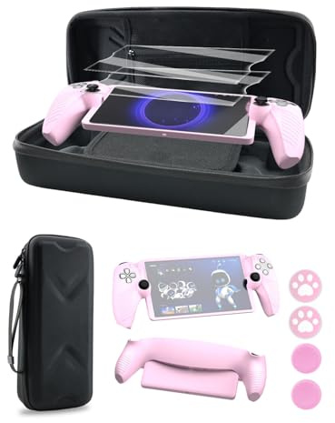 HolyFort 14-in-1 Zubehör-Set für PlayStation Portal, Hartschalen-Tragetasche für PS5 Portal, Silikon-Schutzhülle, 2 Displayschutzfolien, 4 Thumb Grips, Schwarz/Rosa