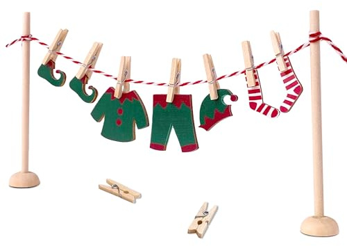 Keadrsa Wichtel Zubehör Set mit Mini Wäscheständer & Wichteltür - 20-teilig mit Holzkleidung, Süßer Wäscheleine und Puppenmöbeln für die Wichtel-Deko