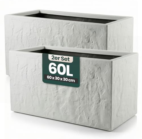 Kreher® Pflanzkübel Anthrazit/Hellgrau - Blumentopf Kunststoff Steinoptik - frostfest & UV-beständig - 30x30x30, 40x40x40, 60x30x30 cm - 1er/2er Set Balkon Garten (2, Hellgrau, 60 x 30 x 30 cm)