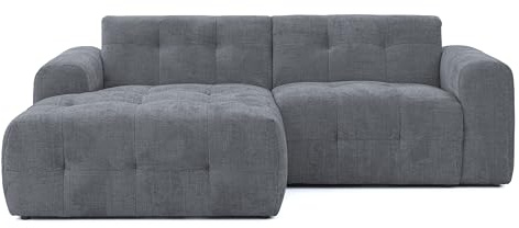 Modernes Ecksofa mit Ottomane links und raffinierten Steppungen, B234/T161/H79 cm, mit Wellenunterfederung, angenehm weicher, strapazierfähiger Chenille-Bezug in Grau / 21046