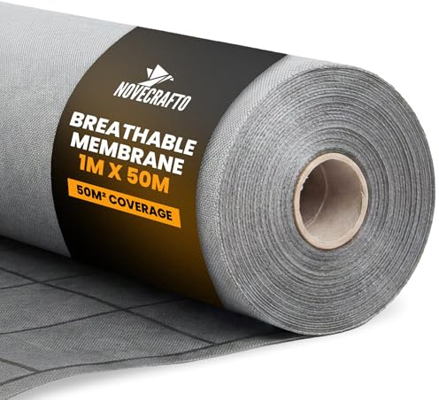 NOVECRAFTO Breathable Roofing Membrane, 50m² Roll, Roof Underlay for Sheds | 1m x 50m roll, 120GSM 3-layer vapour-permeable construction; W1 water resistance, BBA certified & CE marked for pitched roofs