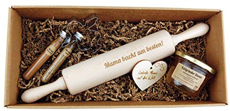 4-tlg. Geschenkbox 'Mama backt am besten' / Teigroller/Gewürze/Marmelade/backen/Geschenk/Geburtstag/Muttertag
