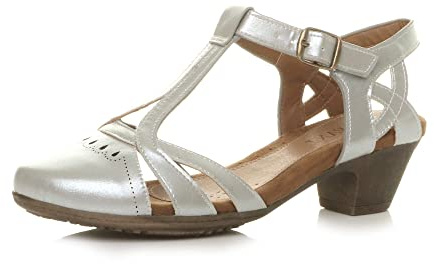 AJVANI Womens ladies mid block heel cut out T-bar smart work casual summer ankle strap comfort brogue shoes sandals size.