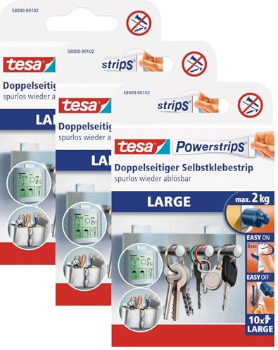 tesa Powerstrips Large - Doppelseitige Klebestreifen zur Montage von Gegenständen auf glatten Oberflächen - Bis zu 2 kg Halteleistung (3x 10 Powerstrips, Single)