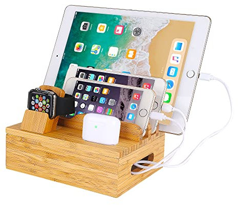 Bambus Holz Handy Ladestation Kompatibel iPhone 12 11 Pro Max XS XR X 8 7 6 6S Plus iPad 3 4 Mini Air Pro Apple Watch 2 3 4 iWatch 38 42mm AirPods Samsung Smartphones