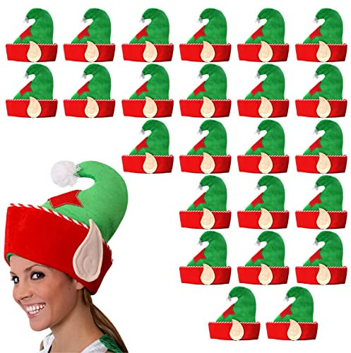 Weihnachts-Elfenmütze, Plüsch, grün/rot/weiß, mit gesticktem Stern und befestigten Elfenohren, lustiges Weihnachts-Kostüm, 24 Stück